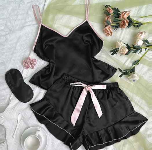 Conjunto de pijama de 3 uds, lencería Sexy con volantes, satin elástico con cuello en V