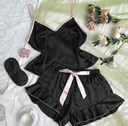 Conjunto de pijama de 3 uds, lencería Sexy con volantes, satin elástico con cuello en V