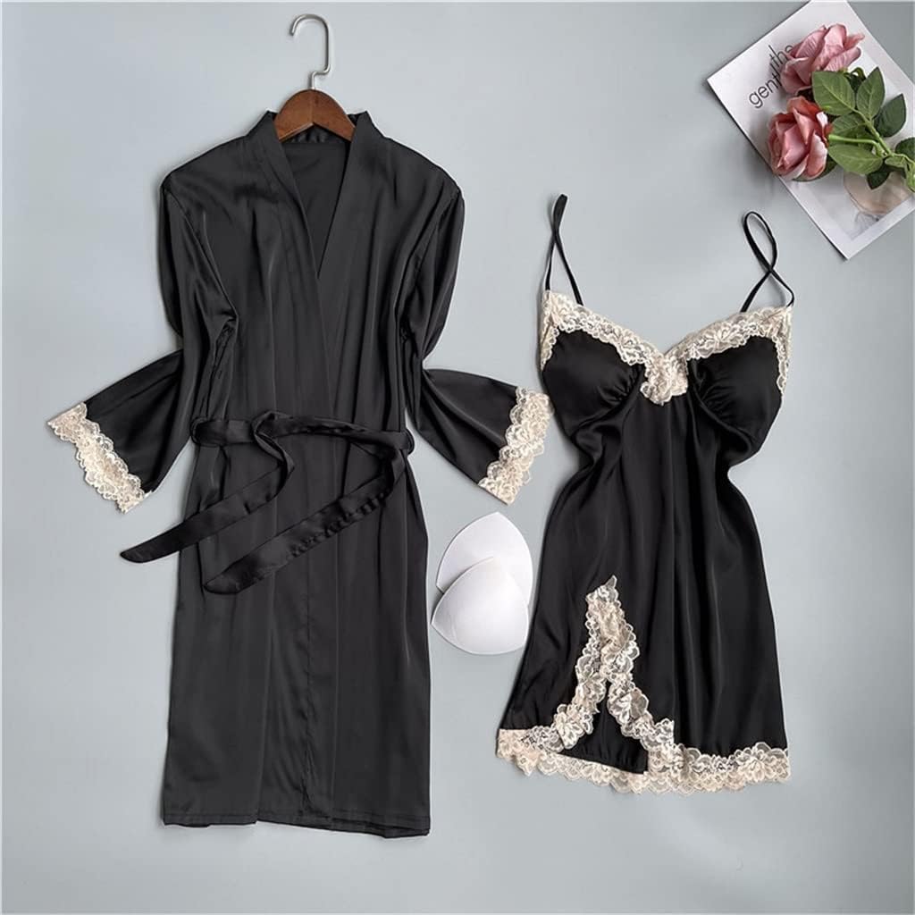 Conjunto de bata de boda de encaje para mujer, camisón de satén con cuello en V