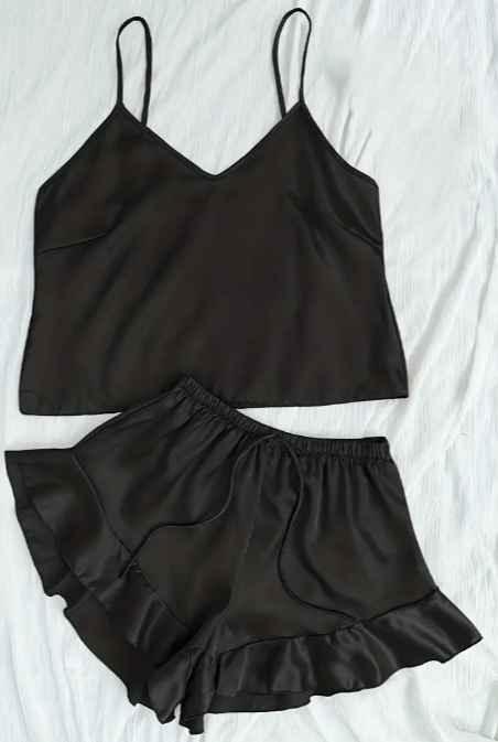 Conjunto De Pijama De Satin Sólido, Top De Cami Con Cuello En V Y Pantalones Cortos Con Volantes