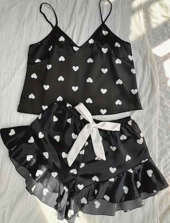 Conjunto De Pijama Con Estampado De Corazón, Top De Tirantes Con Cuello En V