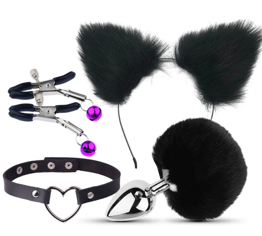 Cola de gato pero enchufe/cola de zorro, juguete de enchufe anal, collar sexual y pinzas de pezón
