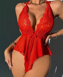 Body de peluche cruzado sin espalda de malla transparente de encaje en contraste sexy clásico