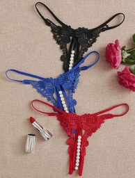 1 piezas tanga con encaje con perla