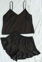 Conjunto De Pijama De Satin Sólido, Top De Cami Con Cuello En V Y Pantalones Cortos Con Volantes
