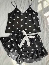 Conjunto De Pijama Con Estampado De Corazón, Top De Tirantes Con Cuello En V